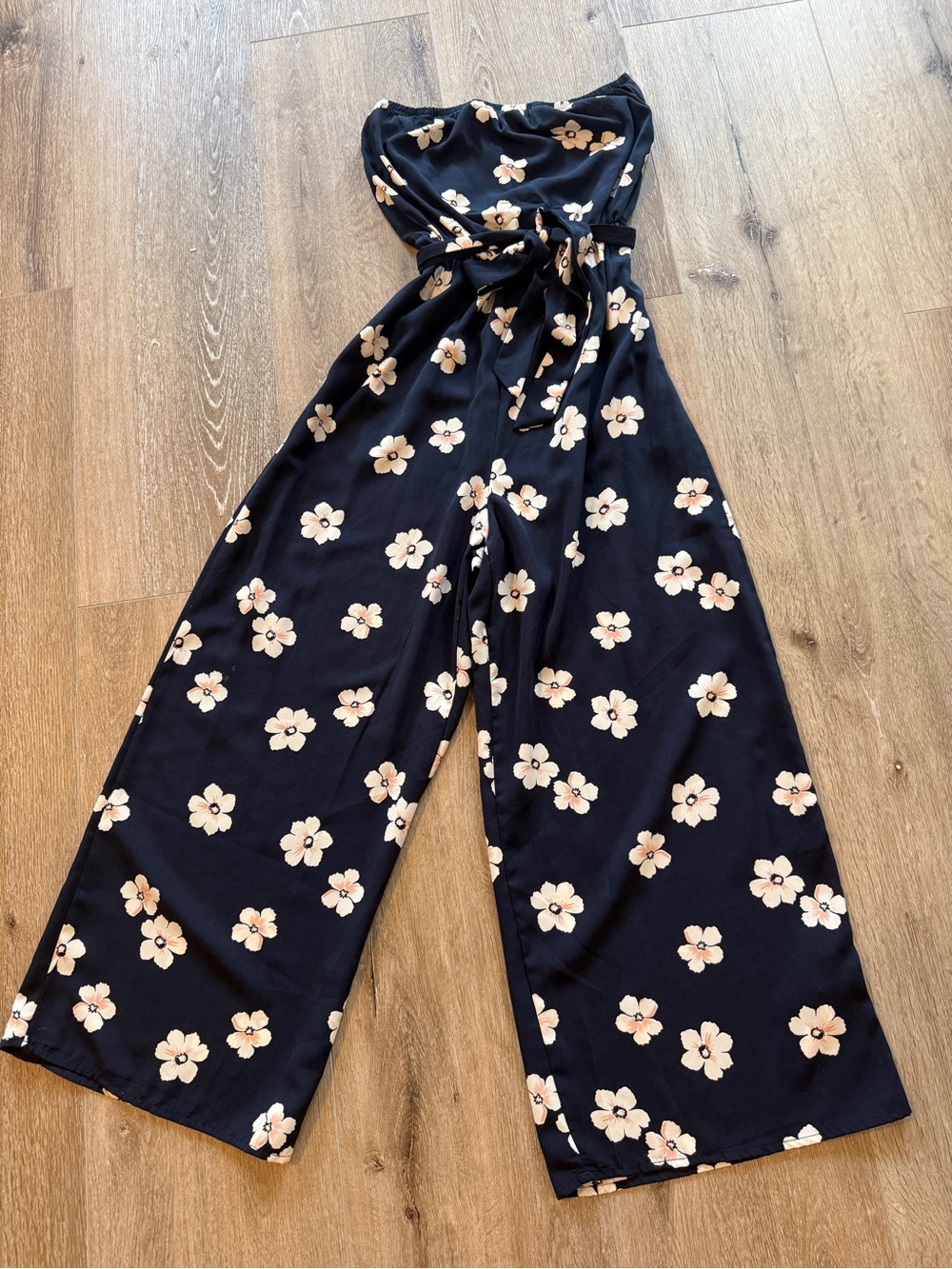 Lush Navy Strapless Floral Wide-Leg Jumpsuit with Tie Waist